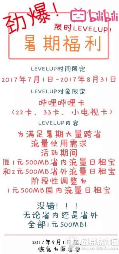 B站22卡/33卡/小电视卡限时福利升级活动 国内流量1月500mb