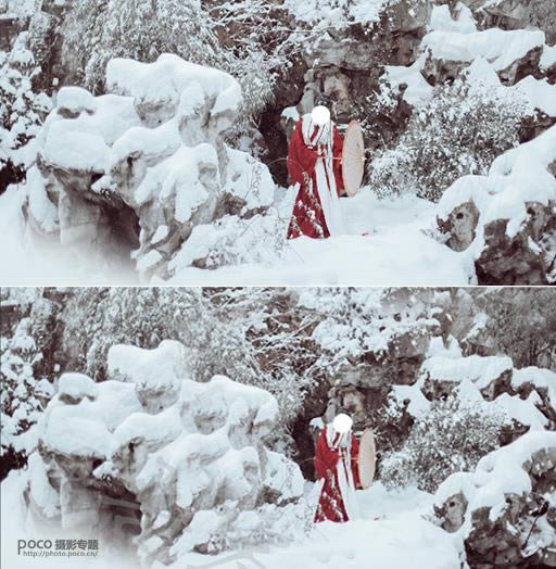 调出洁白冷色雪景人物照片的PS教程